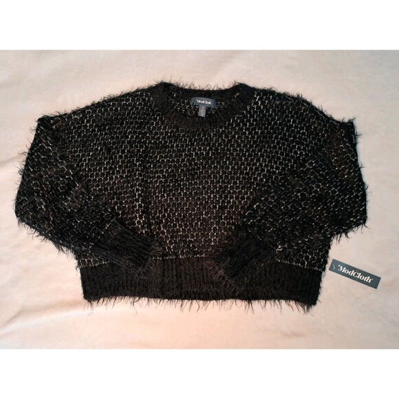 ModCloth Nipping at Your Nose Cropped Sweater Black Silver Eyelash Knit Sz S NWT - Picture 1 of 10